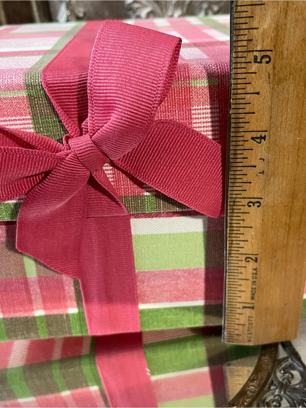 Pink green white plaid fabric storage gift box